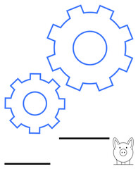 Two interlocking blue gear outlines signifying teamwork and productivity, accompanied by a piggy bank symbolizing savings. Ideal for finance, teamwork, planning, collaboration, innovation, strategy