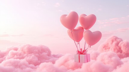 A Box flying on a parachute with pink cloud in valentine day,package flying down from sky and cloud with parachute, concept for delivery service,shopping online,air delivery service.