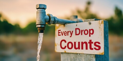 World water day with conservation and supply idea. Faucet with a sign promoting water conservation.