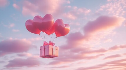 A Box flying on a parachute with pink cloud in valentine day,package flying down from sky and cloud with parachute, concept for delivery service,shopping online,air delivery service.
