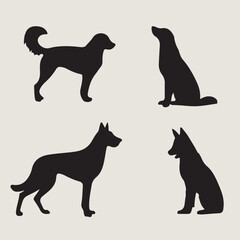 Silhouettes of four different dogs in various poses
