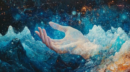 Fototapeta premium A mesmerizing hand emerges from vibrant cosmic waves, blending the realms of nature and the universe. The artwork captures a sense of wonder and connection.