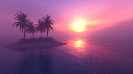 Tropical sunset, island palm trees, ocean mist, peaceful scene, vacation postcard