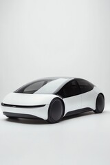 A white car with black wheels. The car is parked on a white surface. The car is parked in a parking lot