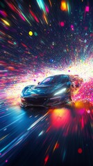 A car is driving down a road with a colorful explosion in the background. The car is blue and is the main focus of the image