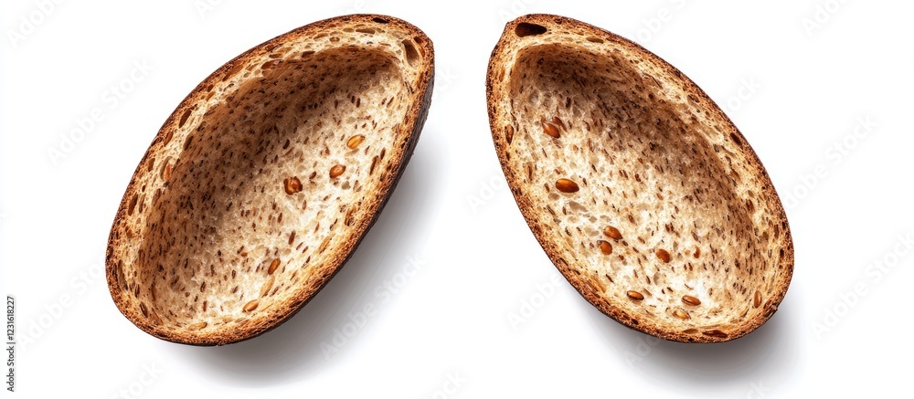 Poster halved rye bread on a white background showcasing textured crust and soft interior positioned symmet