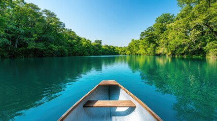 Obraz premium World water day with conservation and supply idea. Serene river view from a boat surrounded by lush greenery.