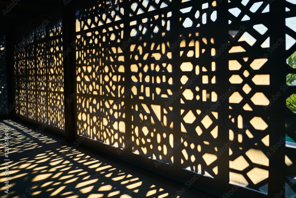 Poster sunlight creates intricate geometric shadow patterns through a decorative lattice window, showcasing