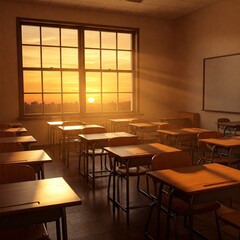 Fototapeta premium A classroom with a large window showing a sunset, casting a warm glow on the empty desks and chairs. 