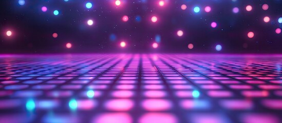 Vibrant disco dance floor with pink and blue illuminated lights casting reflections on the ground creating a lively retro 80s atmosphere