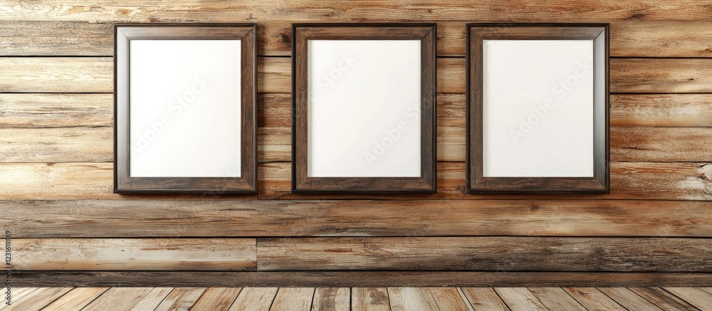 Poster elegant rectangular frames hang symmetrically on a rustic wooden wall, showcasing a rich brown textu