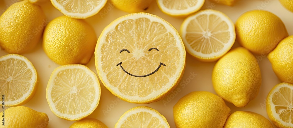 Poster smiling lemon face at center surrounded by whole sliced lemons in bright yellow tones creating a che