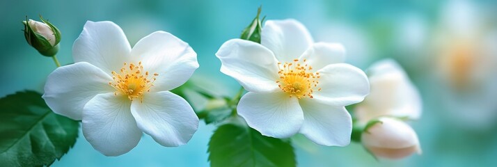 White Wild Rose Blossoms Close Up of Delicate Petals and Yellow Stamens on Blue, Floral Background