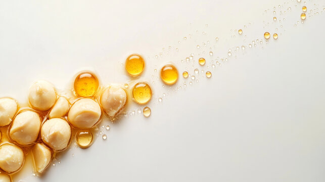 Artistic composition of macadamia nut oil and peeled nuts on light background, showcasing rich texture and color of oil. droplets create visually appealing effect
