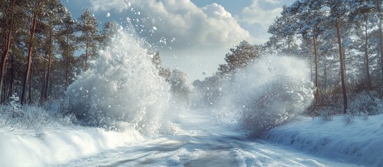 Winter landscape depicting a snowy river with splashes of water, surrounded by tall evergreen trees and a bright blue sky with clouds.