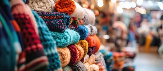 Vibrant display of handcrafted textiles in warm hues of orange, blue, and red, stacked neatly in a lively marketplace setting.