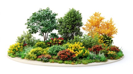 Lush garden landscaping design, vibrant plants, spring scene, isolated background, website design