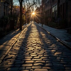 Fototapeta premium A serene cobblestone street in an urban neighborhood, illuminated by the warm glow of the setting sun.