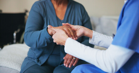 Arthritis, hands or healthcare with nurse and patient in bedroom of home for massage or...