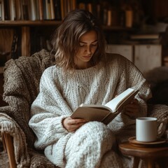 A cozy reading nook with a writer sitting on a chair, scribbling in a notebook with a coffee cup beside them, calm and inspirational atmosphere