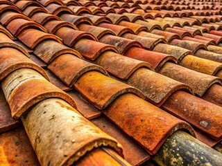 Close-up Texture of Old Clay Roof Tiles, Architectural Detail, Brown Roof Tiles Background