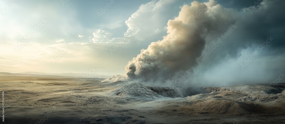 Poster dramatic seascape with turbulent waves and a towering cloud formation under a soft blue and gold sky