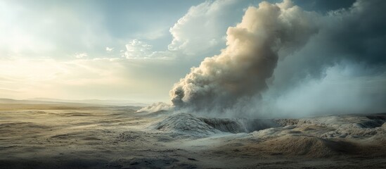 Fototapeta premium Dramatic seascape with turbulent waves and a towering cloud formation under a soft blue and gold sky creating a dynamic and moody atmosphere.