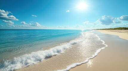 Tropical beach, sunny waves, clear sky, vacation backdrop