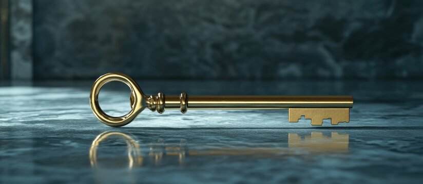 Golden house key lying on a reflective marble surface symbolizing opportunities in real estate with a blurred background emphasizing the key's importance