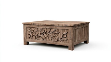 Rectangular Carved Wooden Chest with Leaf Design