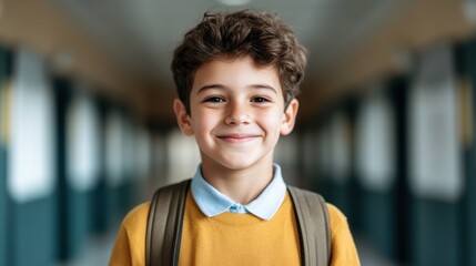 Obraz premium Happy Student Walking Through Modern Public School Hallway Symbolizing Infrastructure Improvements Through Education Funding and Growth