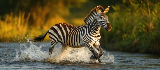 Majestic zebra crossing a river with splashes of water, vibrant green vegetation in the background, warm light highlighting its stripes.