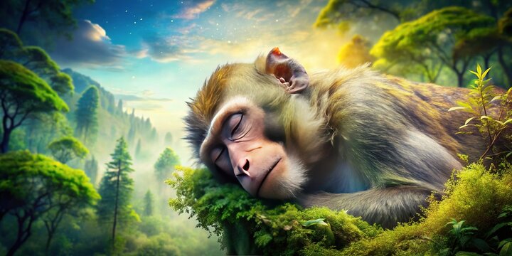 Dreamy Double Exposure of a Sleeping Monkey in Tranquil Forest