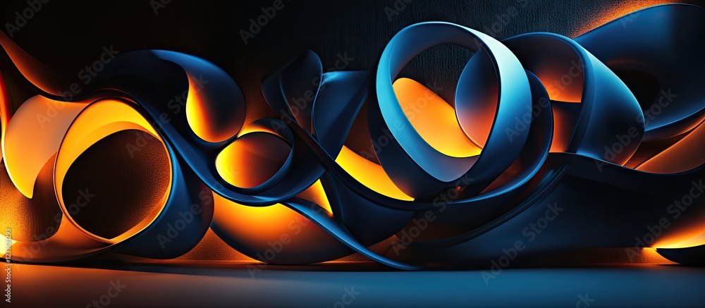 Poster abstract composition of flowing blue and orange curves against a dark background, creating a dynamic