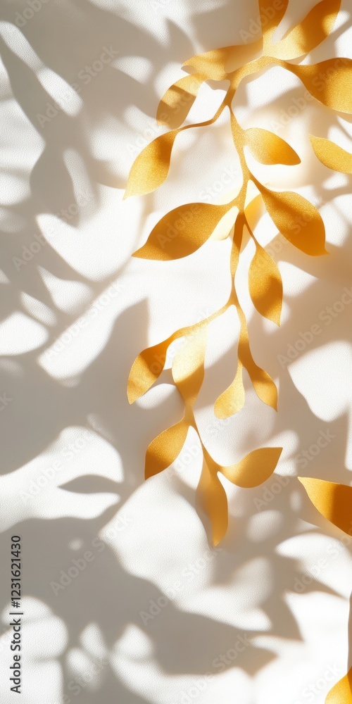 Poster abstract image of golden leaves casting intricate shadows on a white surface, creating a minimalist 