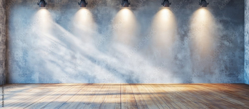 Poster empty gallery space with wooden floor and five warm spotlight beams illuminating a textured gray wal