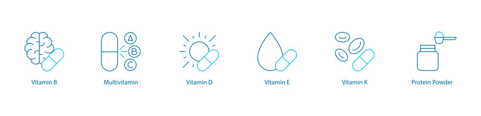 Complete Vitamin Supplement Vector Icon Set – Vitamin B, Multivitamin, D, Vitamin E, Vitamin K, Protein Powder