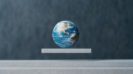 Transparent globe floating between two balanced pillars representing global investment and financial equilibrium in a serene environment