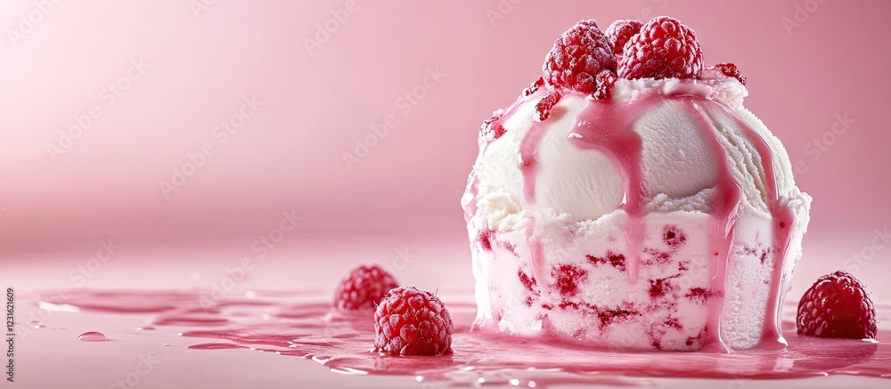 Poster delicious ice cream topped with raspberry sauce and fresh raspberries on a soft pink background crea