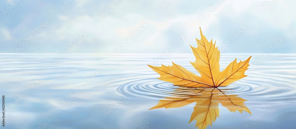 Aufkleber yellow maple leaf on calm water surface with gentle ripples creating a serene atmosphere under soft 