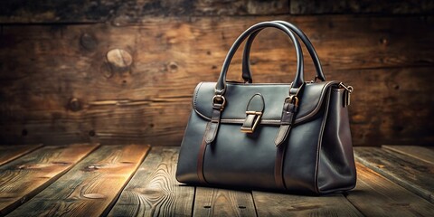 Exquisite Dark Gray Leather Handbag Mockup on Rustic Wooden Table