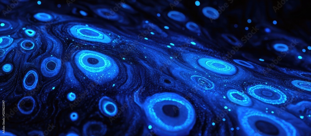 Poster vibrant blue neon circles and ovals scatter against a dark backdrop creating a dynamic abstract visu