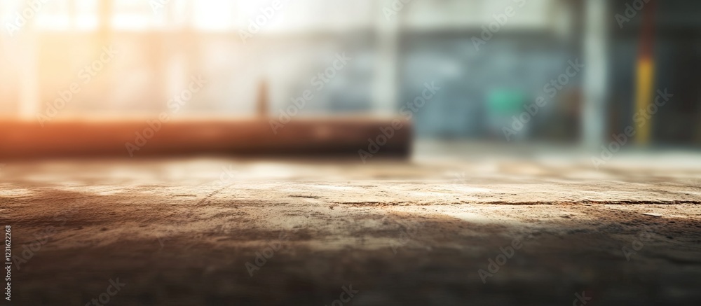 Poster industrial setting with blurred foreground featuring warm light hues and a textured ground, creating