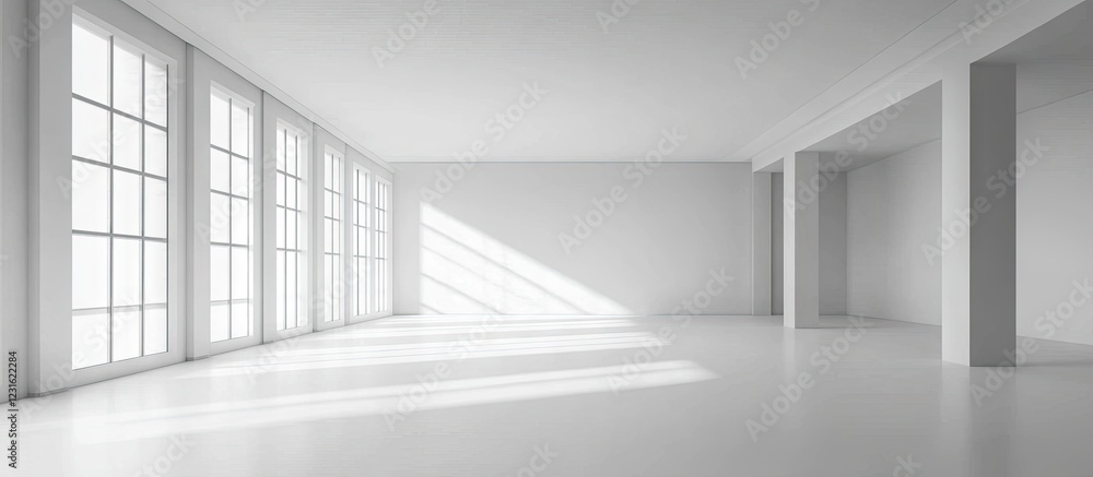 Poster bright minimalistic interior with large white windows casting soft shadows on clean white walls and 