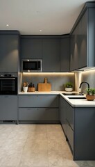 Fototapeta premium Modern gray kitchen corner with breakfast bar, style, interior