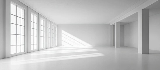Fototapeta premium Bright minimalistic interior with large white windows casting soft shadows on clean white walls and floor showcasing spaciousness and tranquility.
