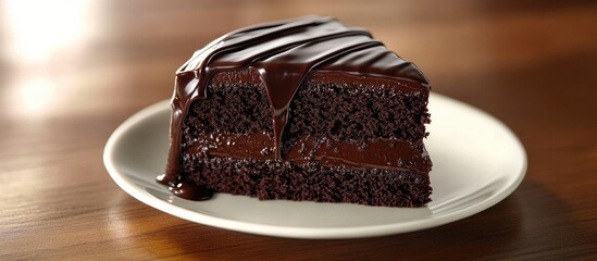 Rich triple chocolate cake slice on a white plate with glossy drippy chocolate ganache, dark brown hues, set against a warm wooden background.