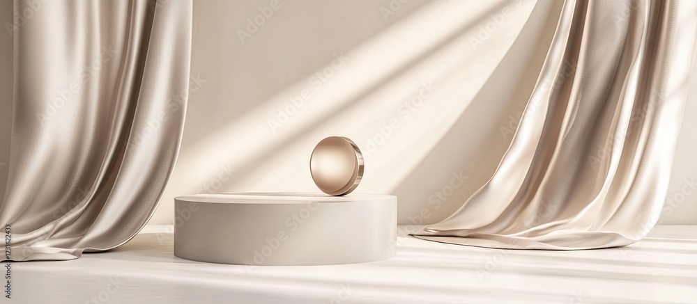 Poster minimalist podium with a metallic grey circular display featuring a 3d sphere, soft cream curtains, 