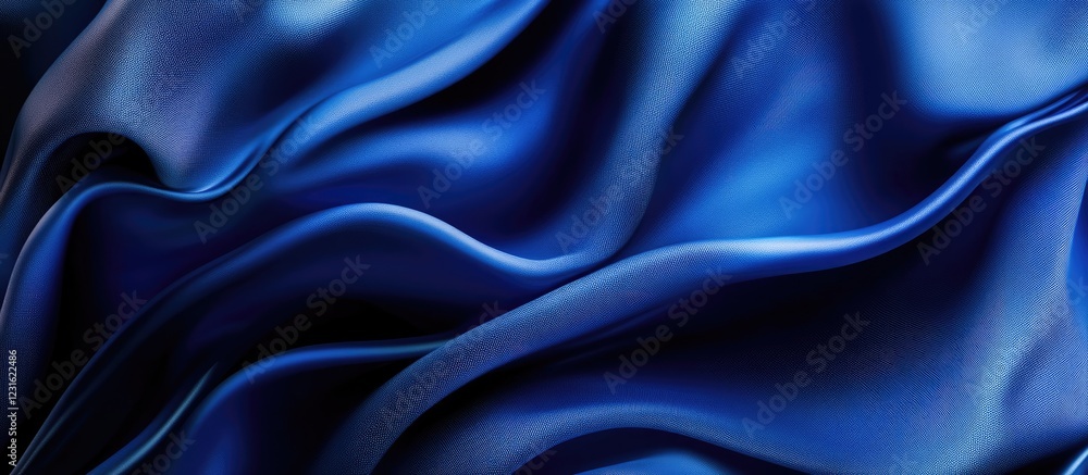 Poster abstract deep blue silk fabric with soft waves and textures, creating a smooth backdrop with ample c