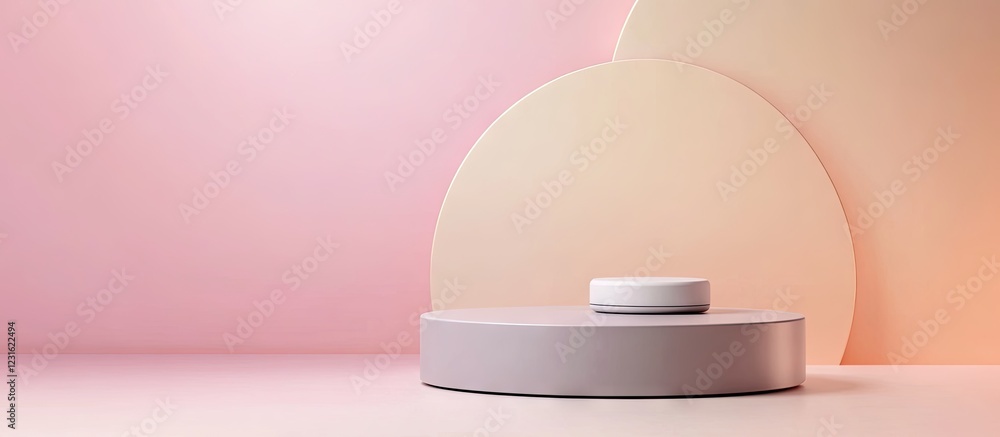 Poster minimalist grey podium against a soft gradient of pink and beige, featuring circular and rectangular